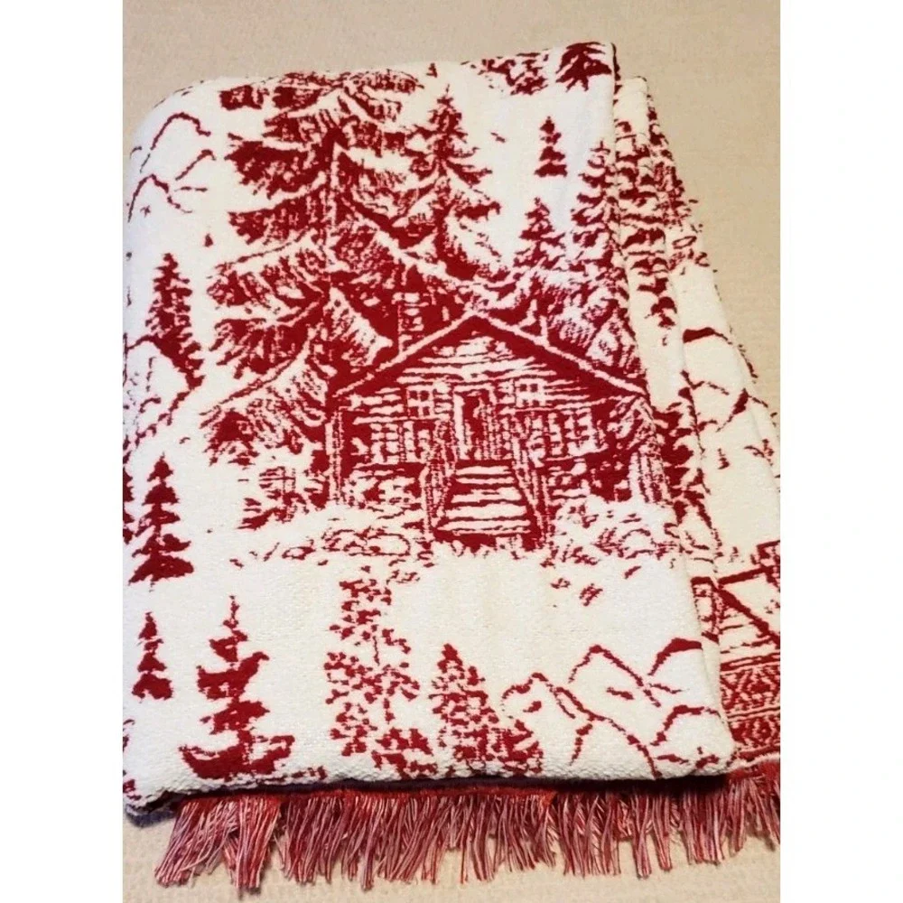 Brooks Brothers Red Chenille Christmas‎ Trees Houses Throw Blanket Fringe 50x70